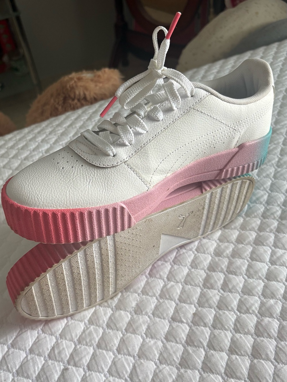 White Sneakers with Pink Gradient Platform Sole - Women's Casual Shoes